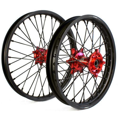 Holeshot, Komplett Hjulset, 2,15/1,60, 19/21", BAK FRAM, MATT SVART RÖD, KTM 15-22 450 SX-F, 15-22 250 SX/250 SX-F, 15-22 350 SX-F, 15-22 125 SX/150 SX, Husqvarna 16-22 FC 450, 16-22 FC 250/TC 250, 16-22 FC 350, 16-22 TC 125, 17-19 TC 300, GasGas 21-