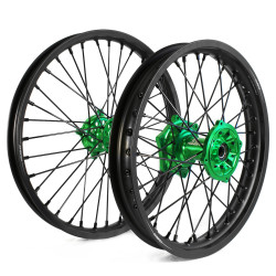 Holeshot, Komplett Hjulset, 2,15/1,60, 19/21", BAK FRAM, MATT SVART GRÖN, Kawasaki 19-25 KX450, 24-25 KX450X, 21-25 KX250, 24-25 KX250X