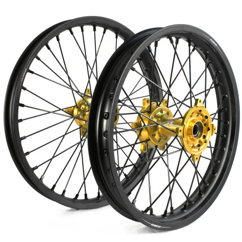 Holeshot, Komplett Hjulset, 2,15/1,60, 19/21", BAK FRAM, MATT SVART GULD, Suzuki 05-22 RM-Z450, 07-22 RM-Z250 Holeshot, Komplett Hjulset, 2,15/1,60, 19/21", BAK FRAM, MATT SVART GULD, Suzuki 05-22 RM-Z450, 07-22 RM-Z250